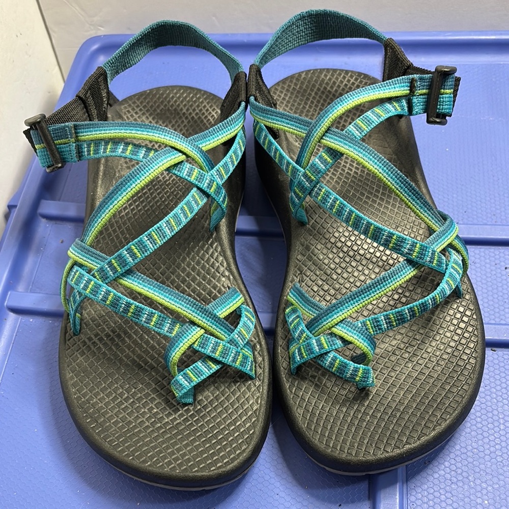 Chaco Teal and Lime Strappy Sandals